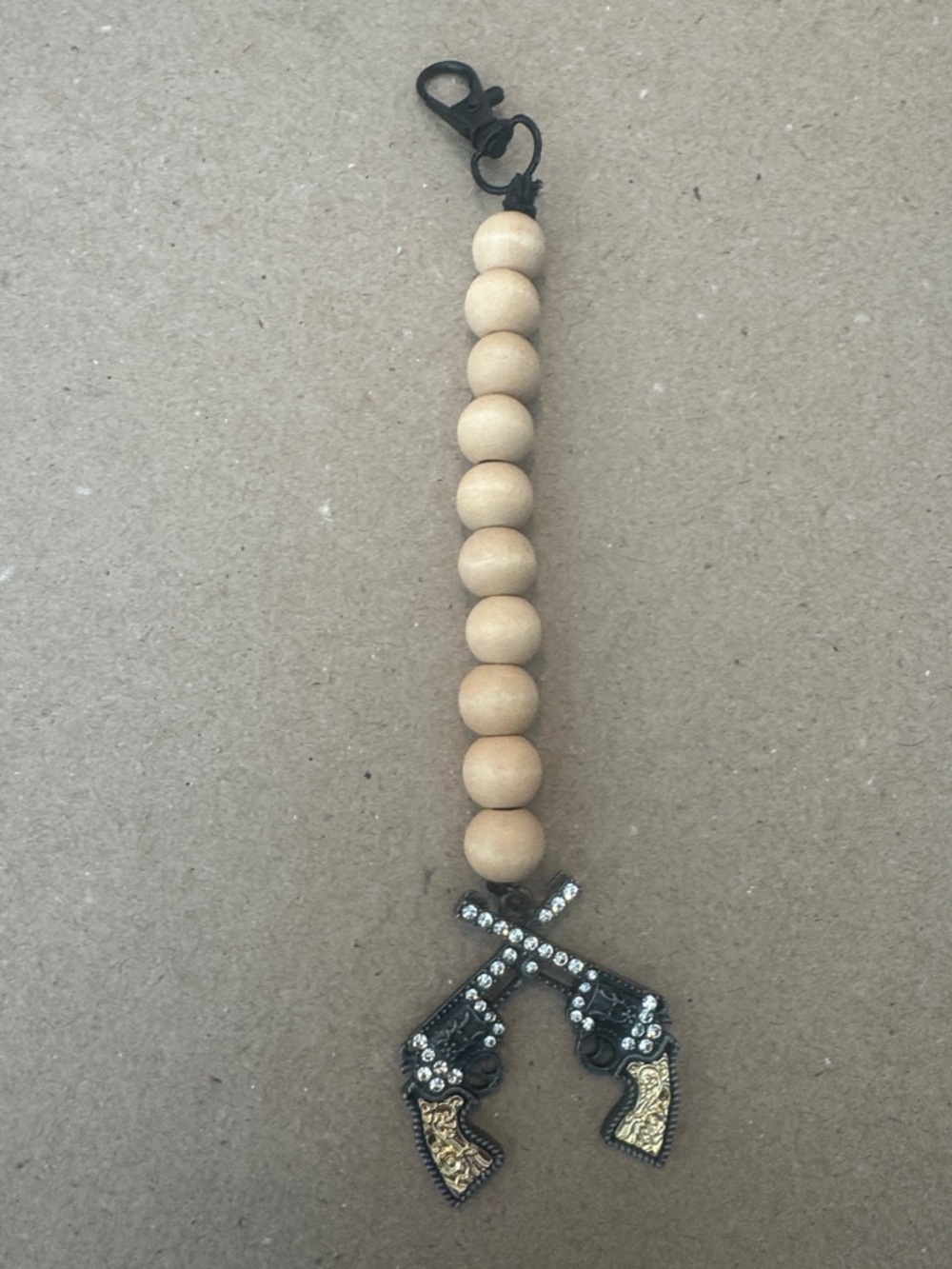 Beaded Keychain with Rhinestone Pistol Charms - Natural Wood & Gold
